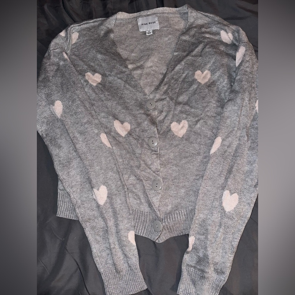 Pink Rose Grey & Pink Heart Cardigan Sz. M